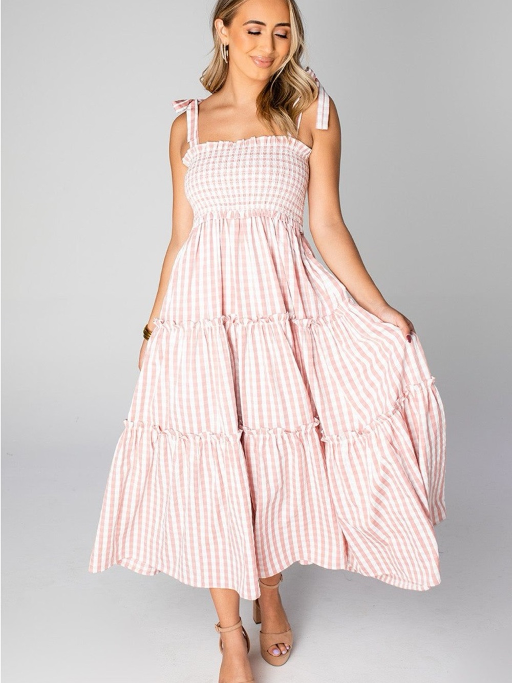 Buddy Love Pink Gingham Tiered Maxi Dress